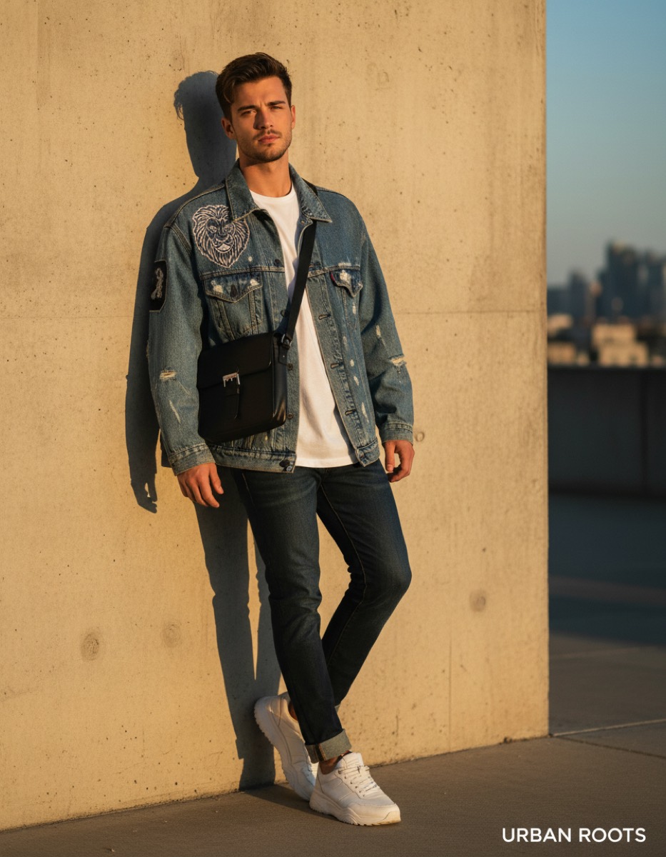 Manken üzerinde denim ceket, yapay zekâ ile moda ürün fotoğrafı